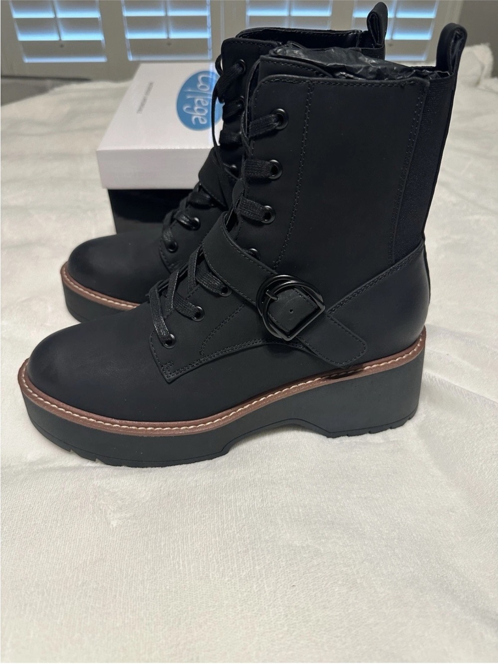 Black Lace-Up Platform Ankle Boots with Buckle Strap